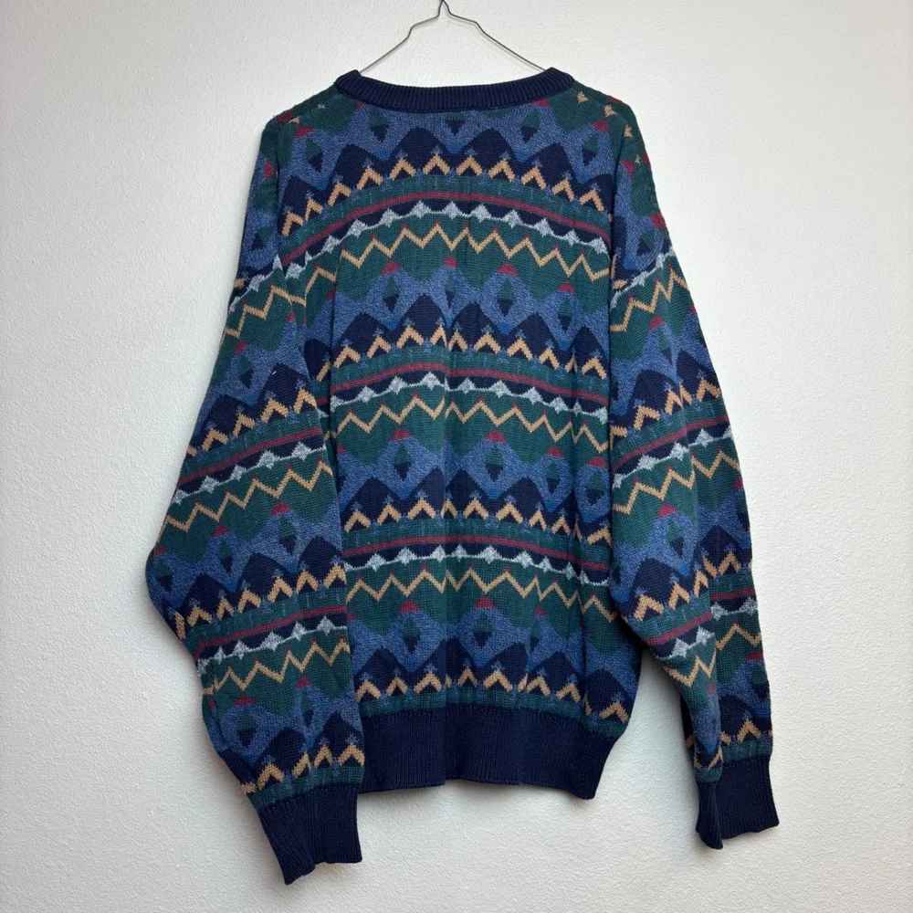 Vintage Mens Large L Cotton Geometric Knit Sweater USA Grandpa Eclectic‎ Blue